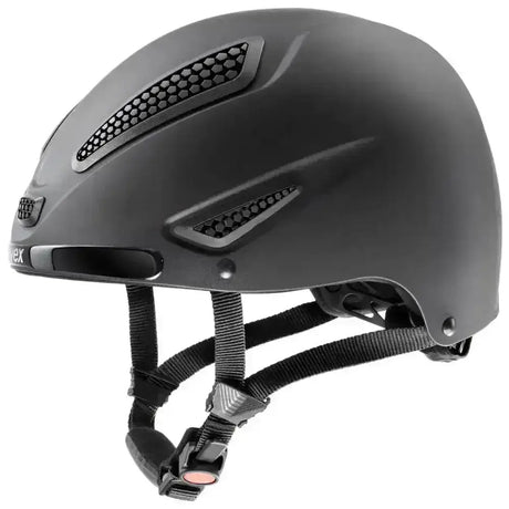 Matte black uvex perfexxion riding hat with honeycomb climate control panels and adjustable straps for equestrian use