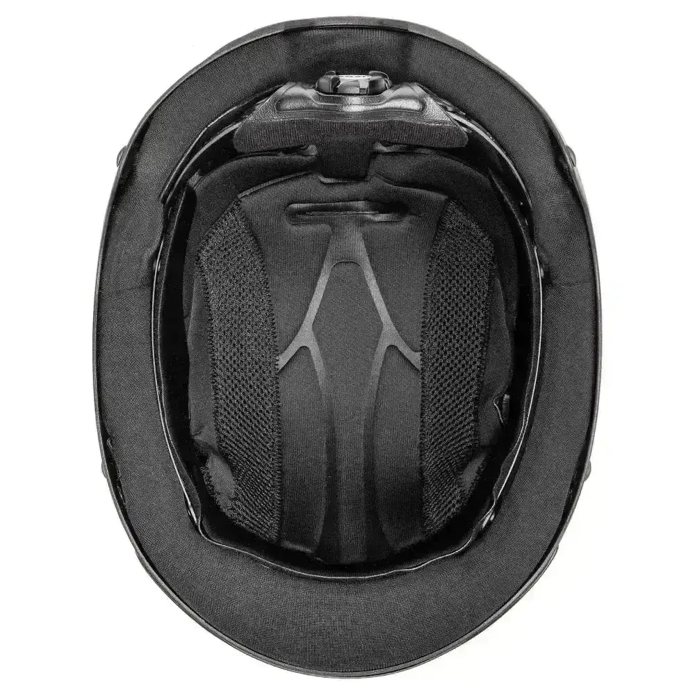 Black uvex perfexxion riding hat with padded breathable mesh interior and adjustable chin strap for climate control