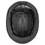 Black uvex perfexxion riding hat with padded breathable mesh interior and adjustable chin strap for climate control