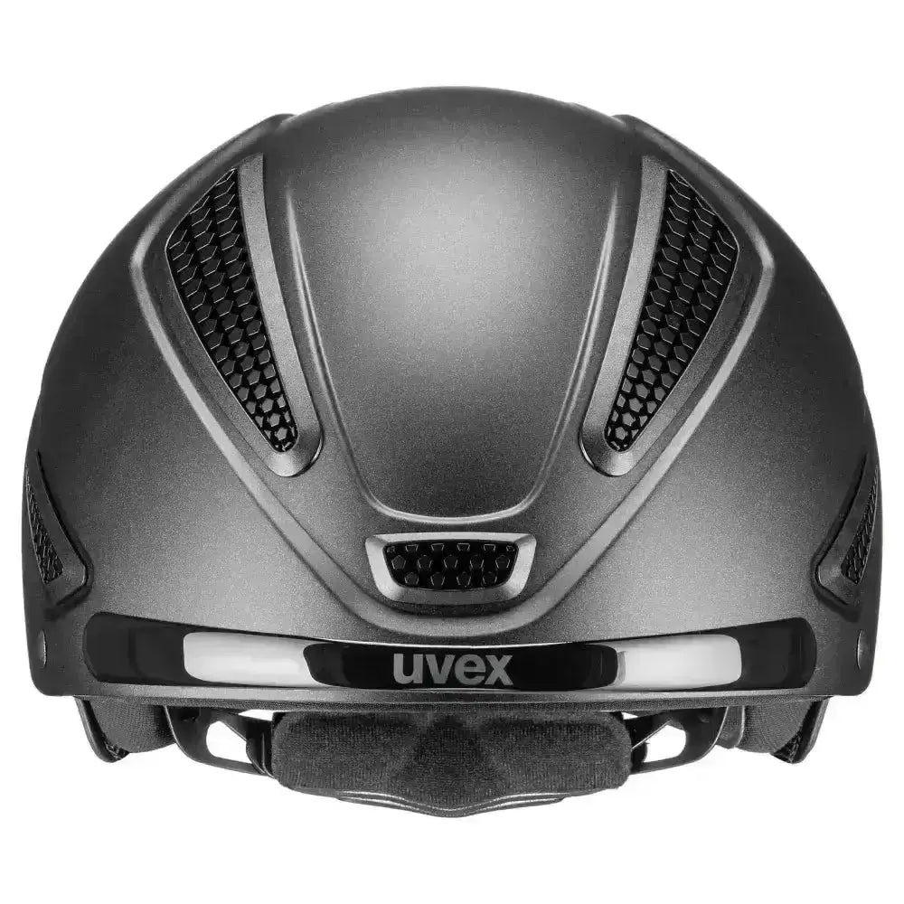 Matte black uvex perfexxion riding hat with climate control ventilation grilles and sleek aerodynamic design