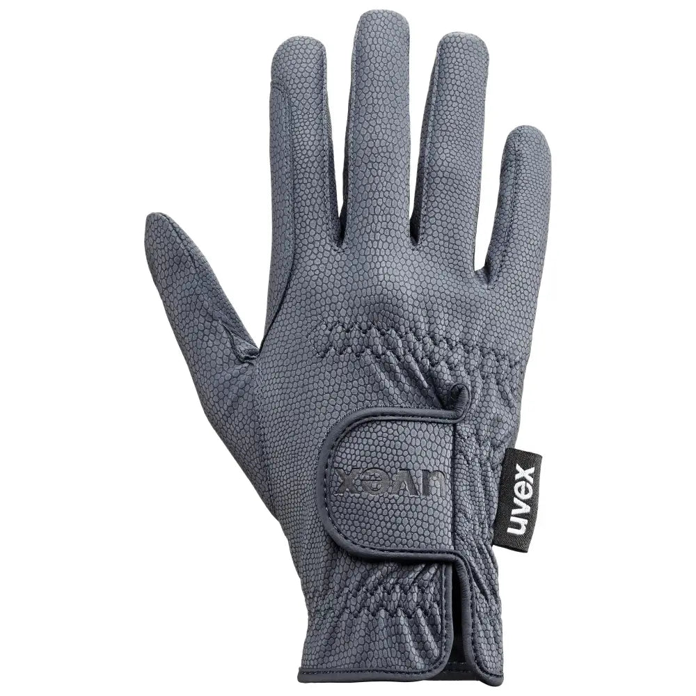Gray textured uvex sportstyle riding gloves with velcro strap on wrist for excellent grip and comfort