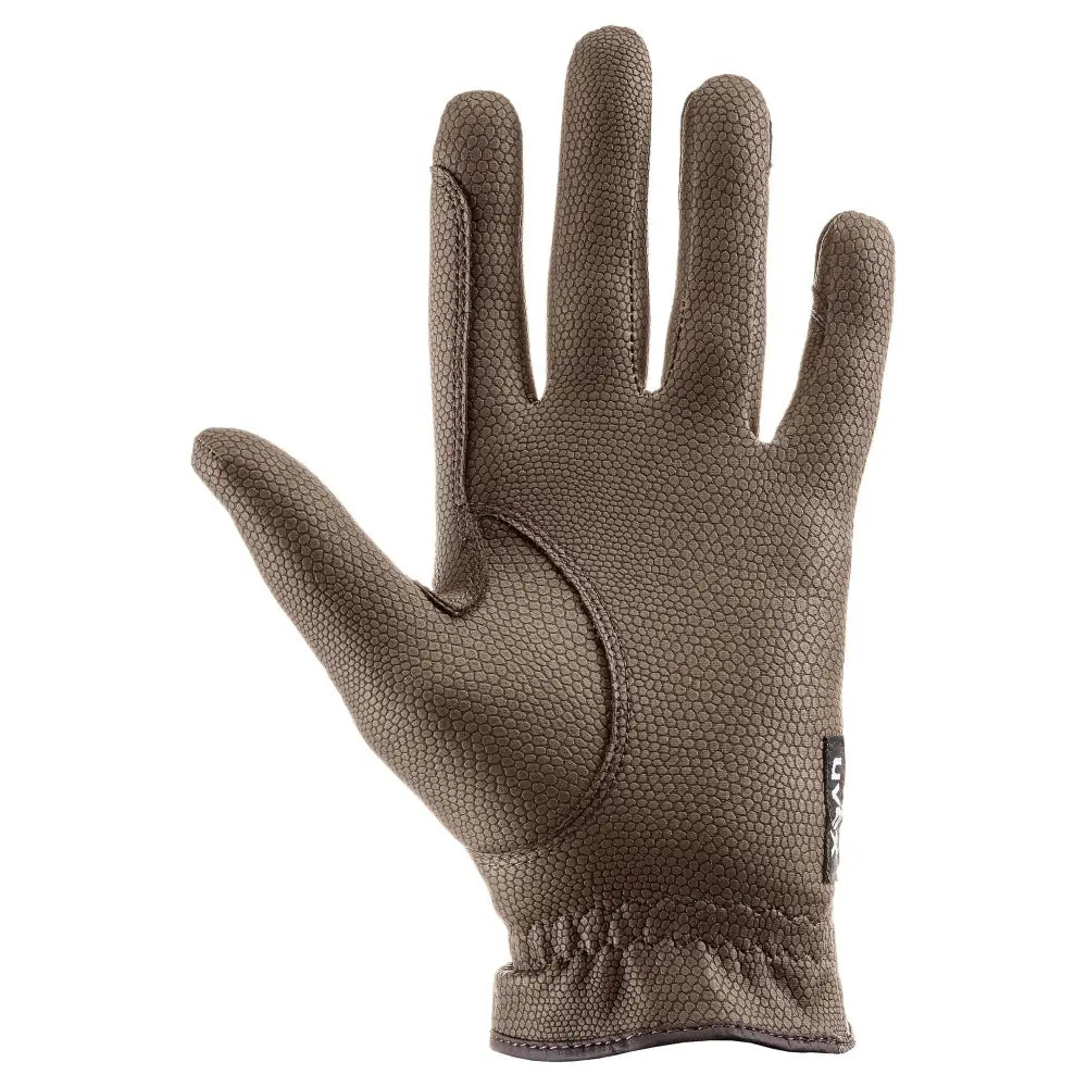 Brown textured leather uvex sportstyle riding gloves with pebbled finish and elasticated wristband for excellent grip
