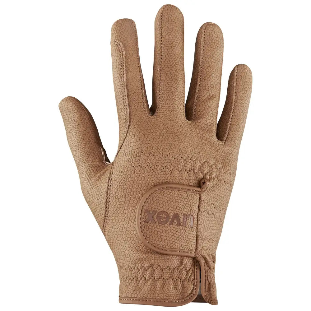 Tan leather uvex sportstyle riding gloves with textured surface and uvex branding for excellent grip on the palm
