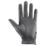 Dark gray textured leather uvex sportstyle riding gloves with excellent grip and black brand tag on the back wrist