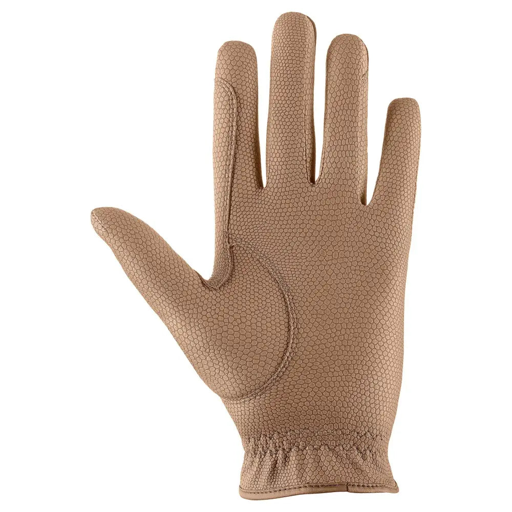 Tan leather uvex sportstyle riding gloves with textured hexagonal pattern for excellent grip on the palm and fingers