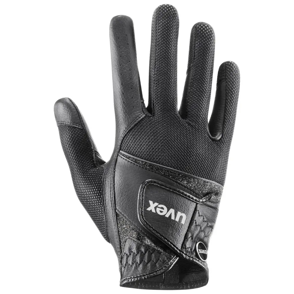 Back side of black uvex sumair glamour riding glove with breathable mesh leather accents for skilful control