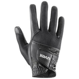 Back side of black uvex sumair glamour riding glove with breathable mesh leather accents for skilful control