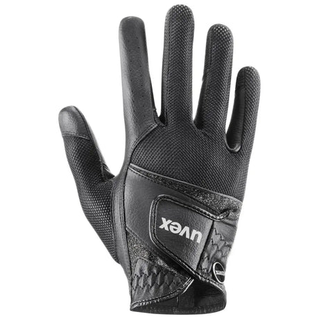 Back side of black uvex sumair glamour riding glove with breathable mesh leather accents for skilful control