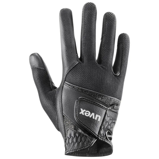 Back side of black uvex sumair glamour riding glove with breathable mesh leather accents for skilful control