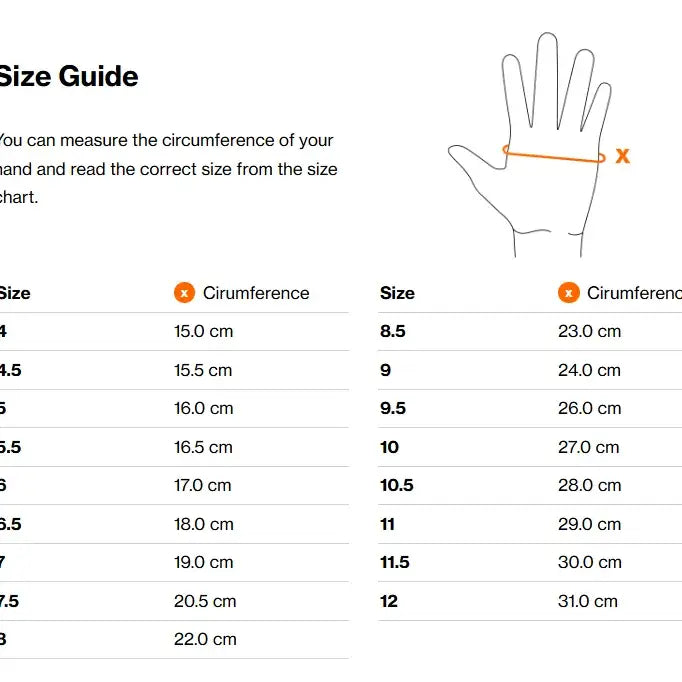 Hand size measurement chart with illustrated hand for uvex sumair glamour riding gloves featuring breathable mesh and skilful control sizing table