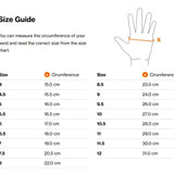 Hand size measurement chart with illustrated hand for uvex sumair glamour riding gloves featuring breathable mesh and skilful control sizing table