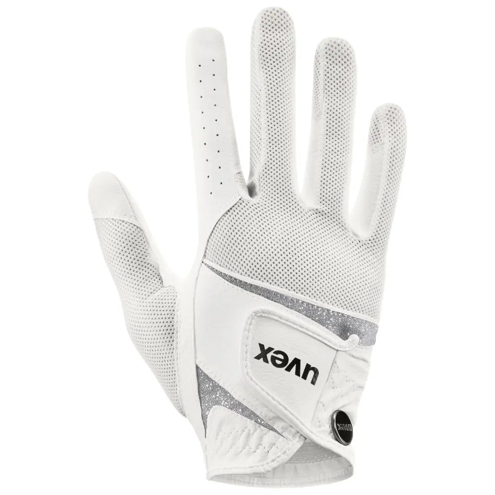 White uvex sumair glamour riding glove with breathable mesh fabric silver stripes and xvex logo patch for skilful control