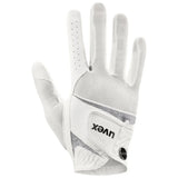 White uvex sumair glamour riding glove with breathable mesh fabric silver stripes and xvex logo patch for skilful control
