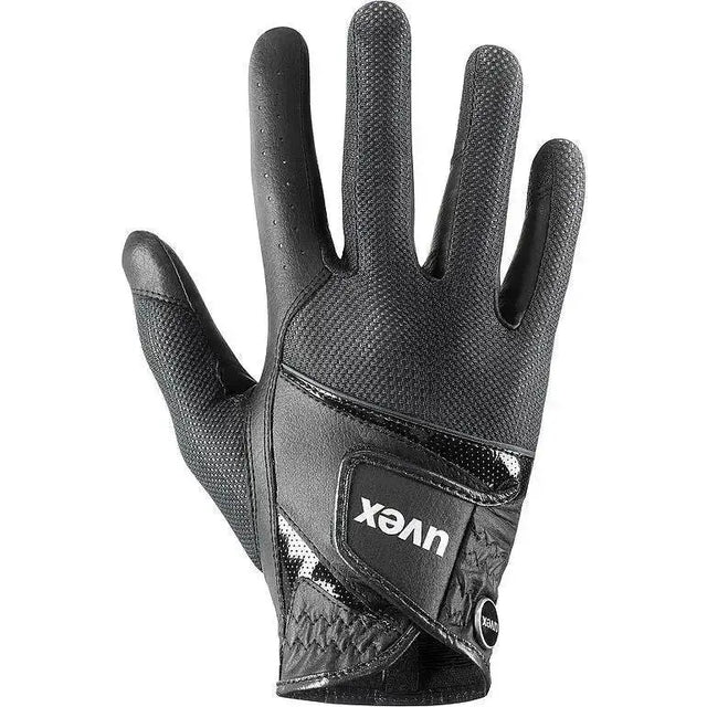 Black uvex sumair riding gloves with textured mesh and leather panels perfect for intensive rides, back side view