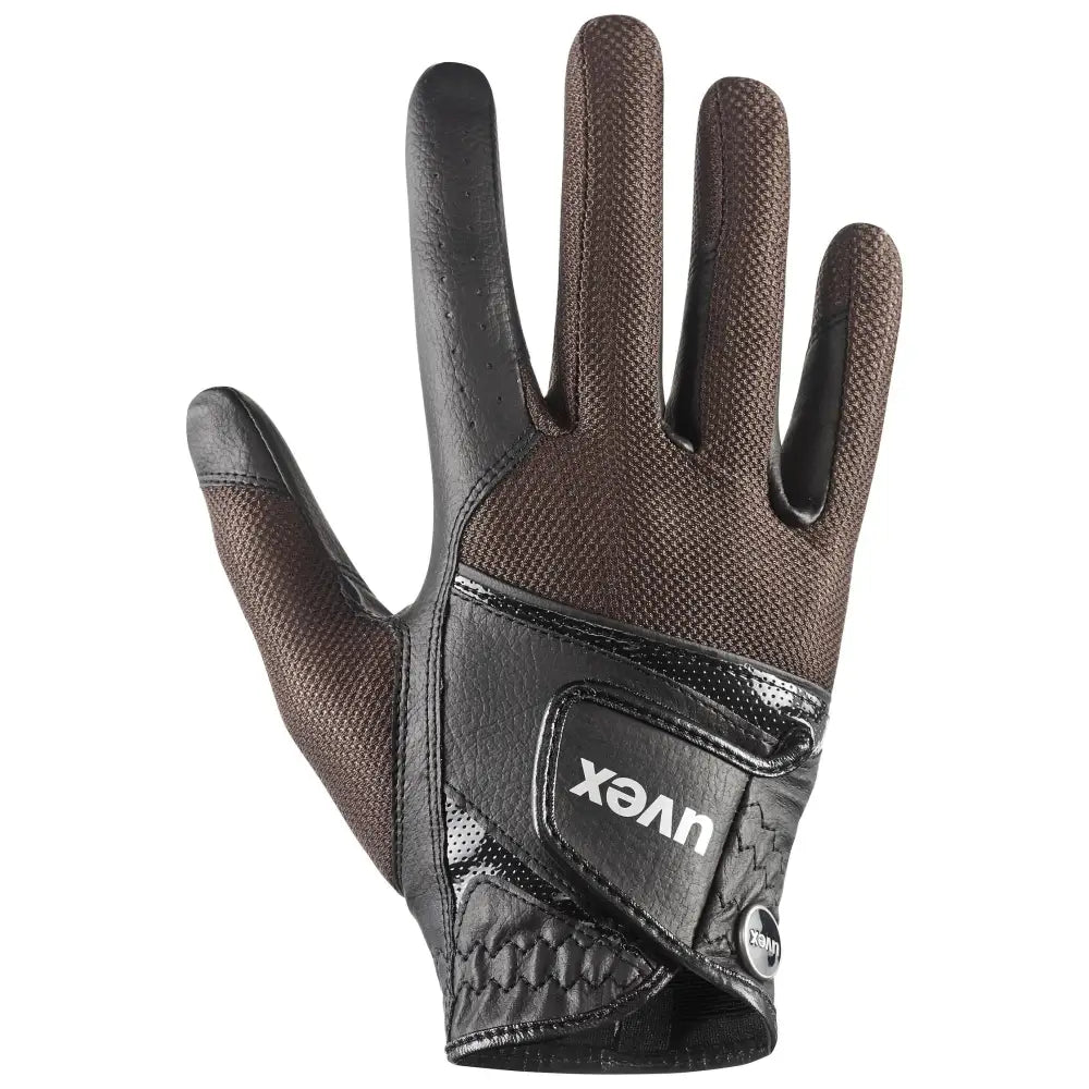 Black and brown uvex sumair riding gloves with textured mesh back designed for comfort during intensive rides