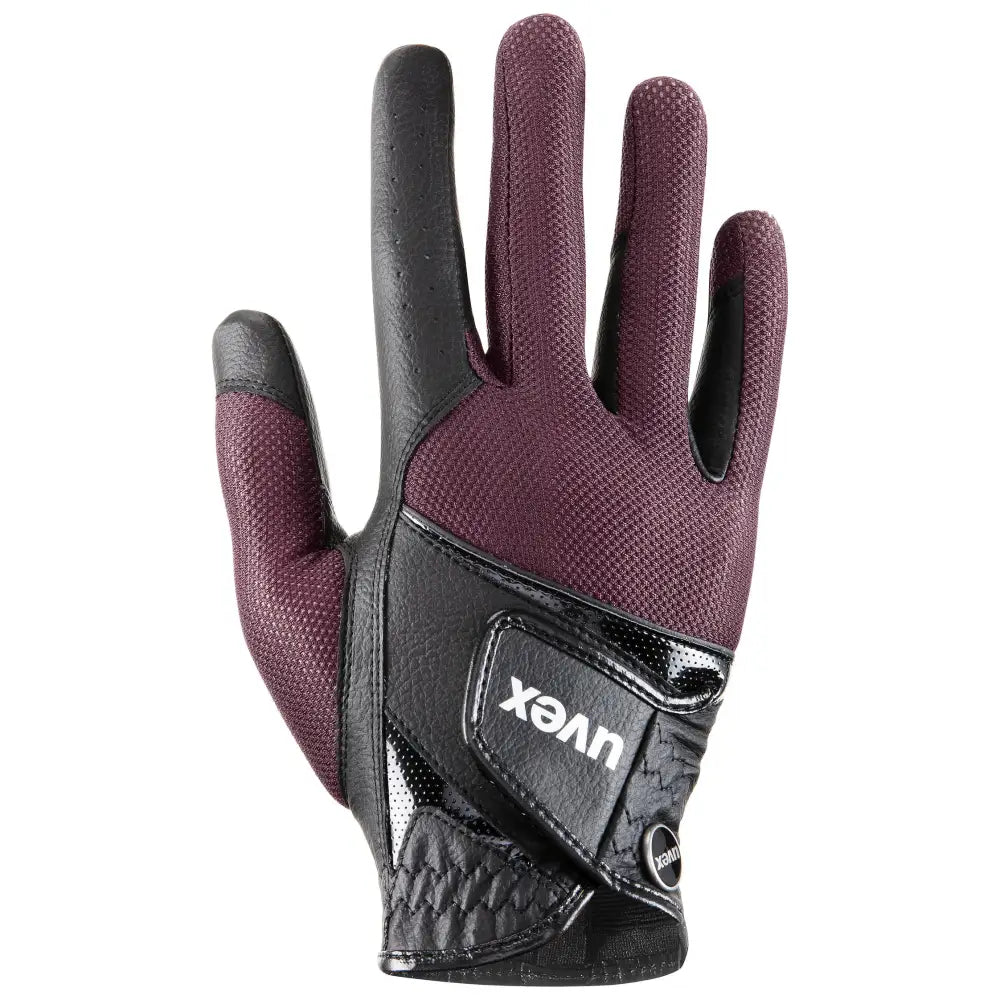 Maroon and black uvex sumair riding gloves with perforated mesh and leather accents for intensive rides back side view