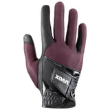 Maroon and black uvex sumair riding gloves with perforated mesh and leather accents for intensive rides back side view