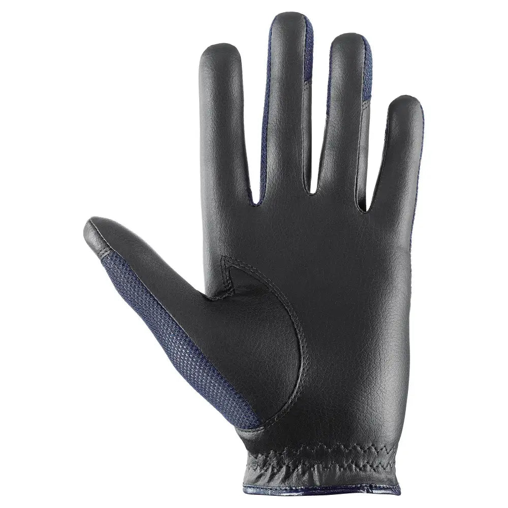 Black leather uvex sumair riding gloves with navy blue mesh panels on back for intensive rides