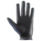 Black leather uvex sumair riding gloves with navy blue mesh panels on back for intensive rides