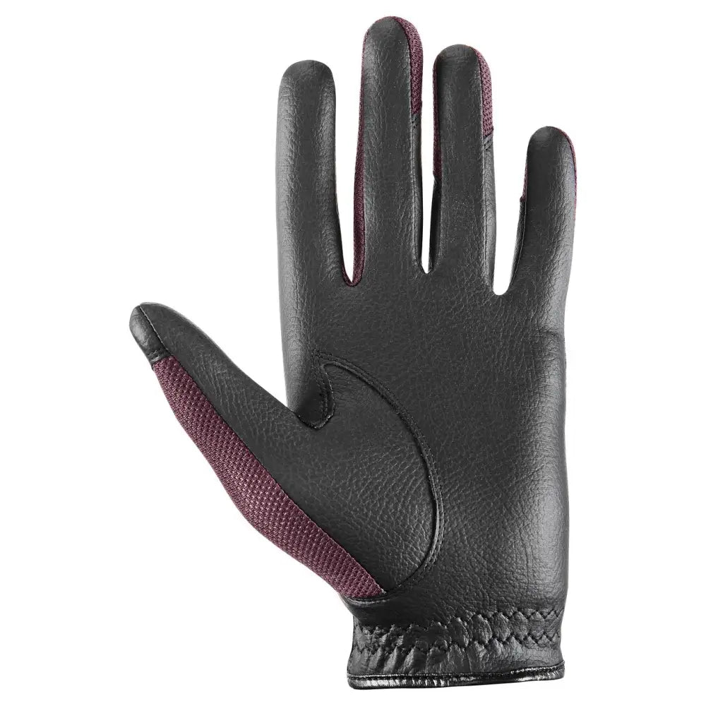 Black leather uvex sumair riding gloves with maroon mesh accents designed for intensive rides comfort and grip