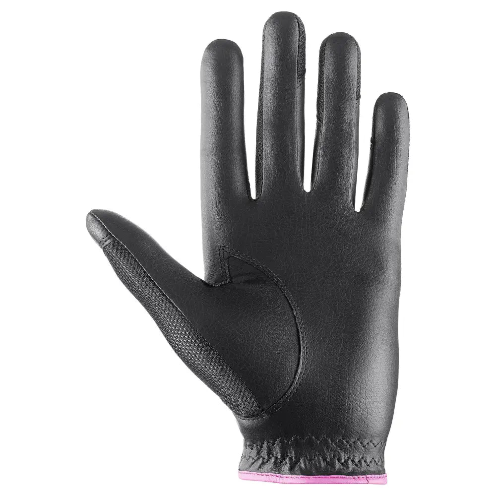 Black leather uvex sumair riding glove with pink wrist trim and textured palm grip for intensive rides