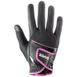 Black and pink uvex sumair riding gloves with textured mesh palm and leather wrist strap for intensive rides, back view