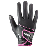 Back of black and pink uvex sumair riding gloves with textured mesh palm and leather strap for intensive rides