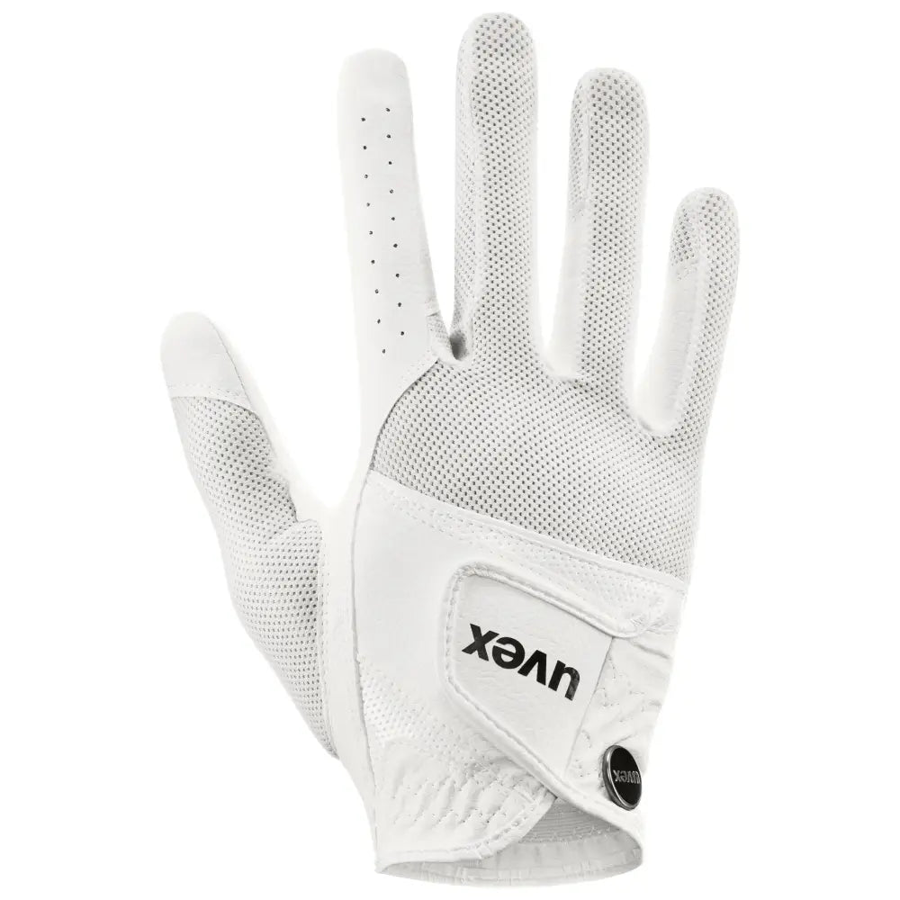 White uvex sumair riding gloves with breathable mesh fabric and perforated fingertips for intensive rides back view