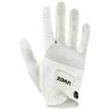 White uvex sumair riding gloves with breathable mesh fabric and perforated fingertips for intensive rides back view