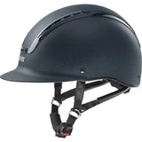 Black uvex suxxeed active riding hat with glossy finish and adjustable black straps for safe active riding