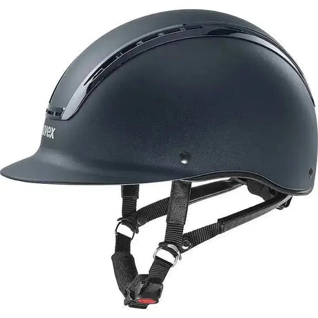 Black uvex suxxeed active riding hat with glossy finish and adjustable black straps for safe active riding