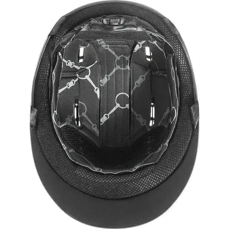 Black uvex suxxeed active riding hat with glossy white chain-link interior lining for active riding use
