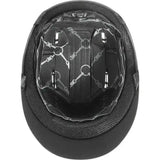 Black uvex suxxeed active riding hat with glossy white chain-link interior lining for active riding use