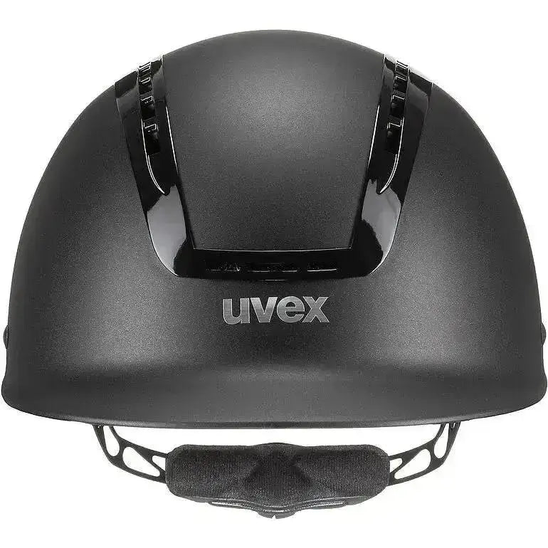 Black uvex suxxeed active riding hat with glossy accents and padded chin strap for active riding use