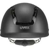 Black uvex suxxeed active riding hat with glossy accents and padded chin strap for active riding use