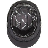 Black uvex suxxeed active riding hat with white chain-link interior lining for active riding comfort