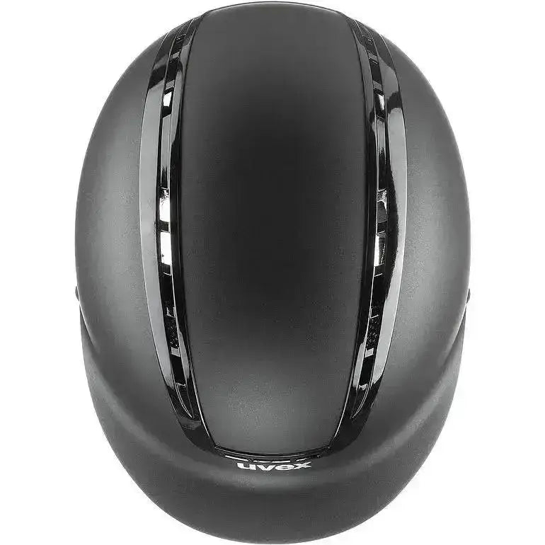 Black uvex suxxeed active riding hat with glossy chrome accent stripes for active riding use