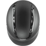 Black uvex suxxeed active riding hat with glossy chrome accent stripes for active riding use