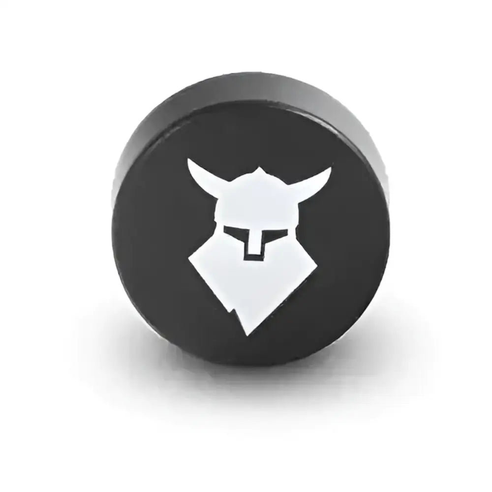 Black circular tire valve cap with white viking helmet logo for uvex tocsen crash sensor and tocsen crash button use