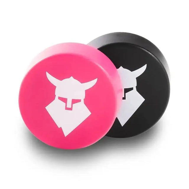 Vibrant pink and black circular ear plugs with white viking helmet logo for uvex tocsen crash sensor safety use