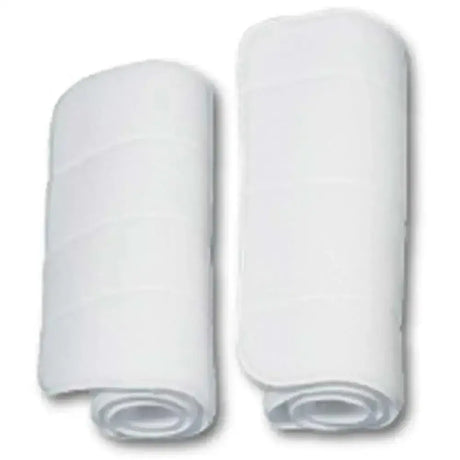 Two white rolled-up super soft absorbent bow wraps with dense sponge-like foam and subtle horizontal stitching