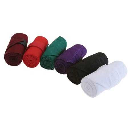 A set of six vacs standing wraps in solid colors including maroon red green purple black and white extra wide stable bandages