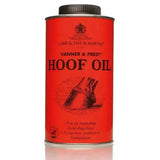 Bright red cylindrical can of carr and day and martin prest hoof oil with black lid and vintage horse hoof illustration