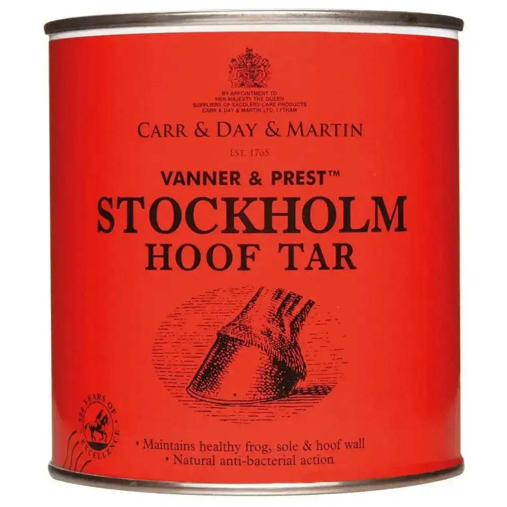 Red cylindrical can of carr and day and martin prest stockholm tar hoof with natural vegetable tar and horse illustration