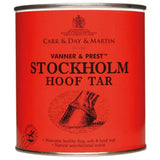 Red cylindrical can of carr and day and martin prest stockholm tar hoof with natural vegetable tar and horse hoof design