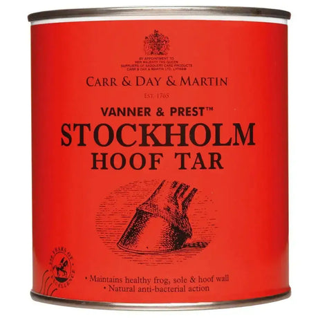 Red cylindrical can of carr and day and martin prest stockholm tar hoof with natural vegetable tar and horse hoof design
