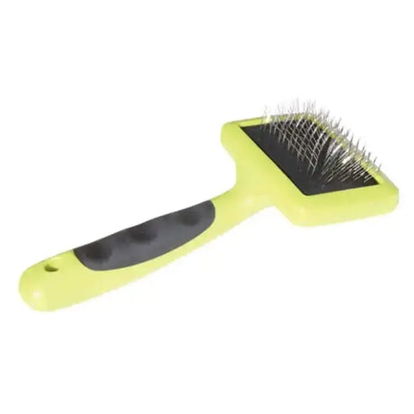 Bright lime green velcro cleaner brush with black rubber grip and stainless steel bristles for velcro cleaning brush use