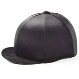 Black suede baseball cap with flat brim and stitched paneling made from steamed spandex velour for equestrian helmets