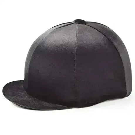 Black suede baseball cap with flat brim and stitched paneling made from steamed spandex velour for equestrian helmets