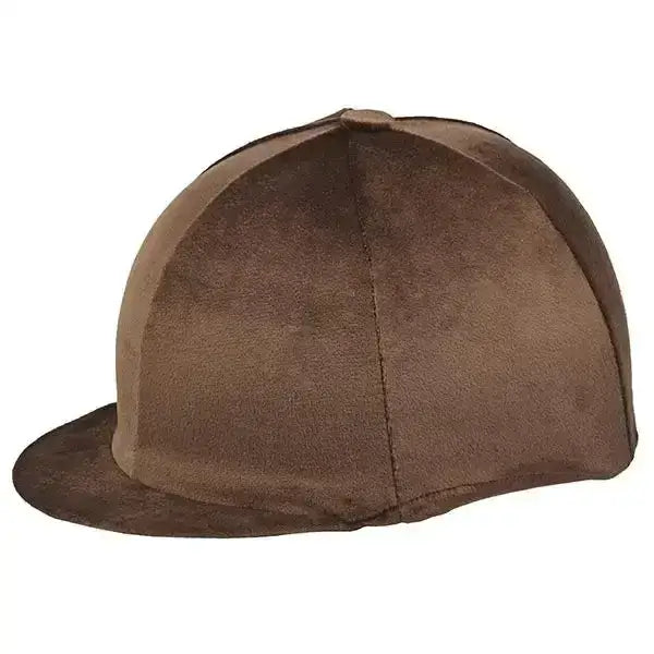Brown suede velour hat cover for equestrian helmets made from steamed spandex velour shown from the back side